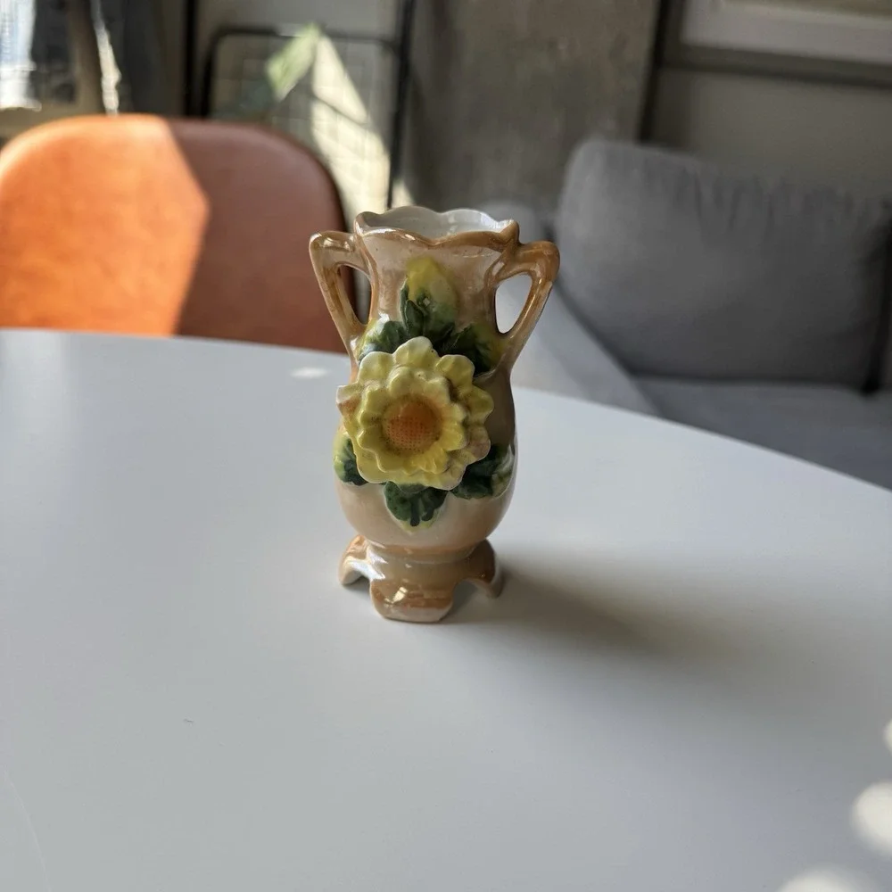 VTG Japan 2 Handle Porcelain Bud Vase with Flower Detail 4 1/4